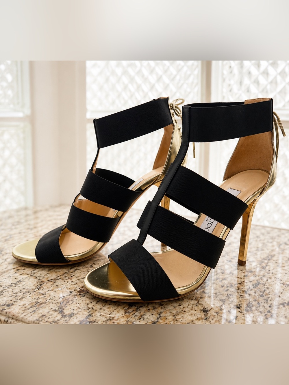 Jimmy Choo Lace-Up Heel Sandals Black & Gold EU 39 (US 8.5) – Strappy Stiletto